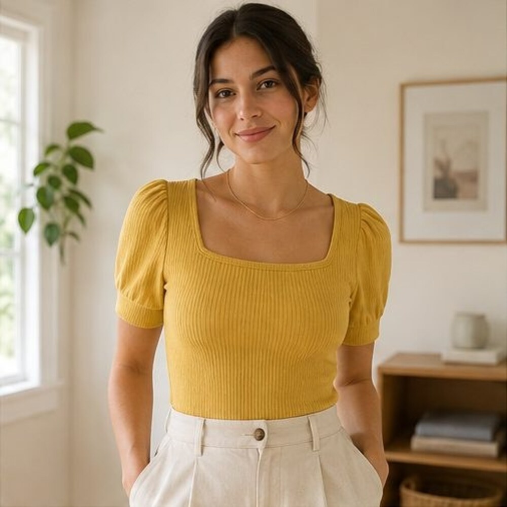 Mustard Ribbed Square Neck Top - Picture 2 of 6